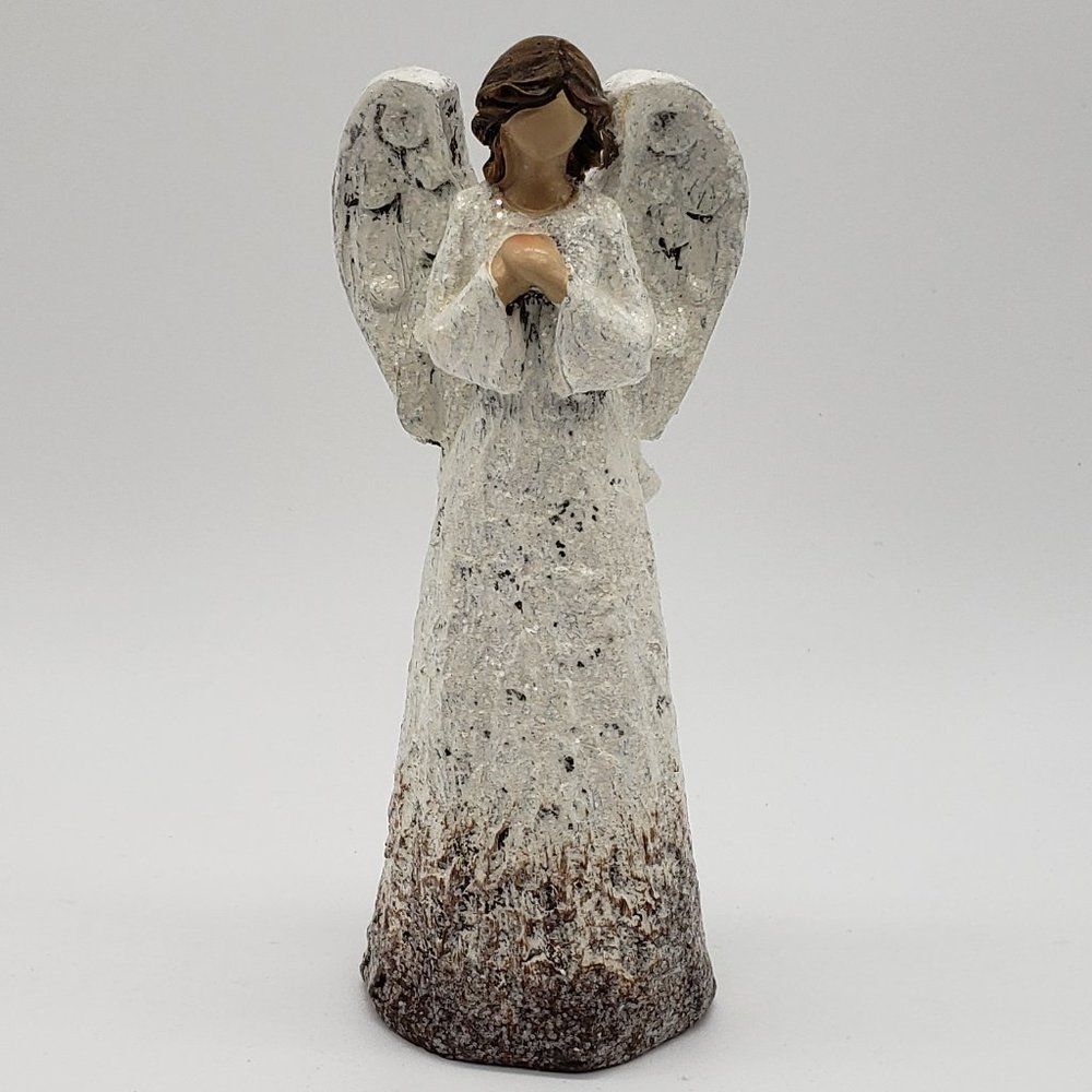 White Distressed Textured Finish Glitter Resin Faceless Winged Angel Figurine